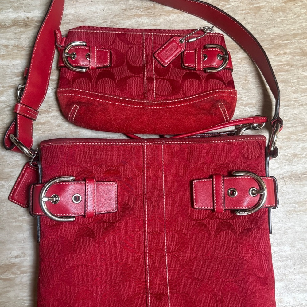 Coach Red Signature Crossbody Bag + Pouch Set Leather Trim